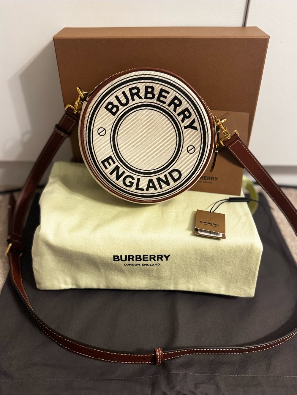 Burberry Round Canvas & Leather Crossbody Bag - Brown/Cream/Black